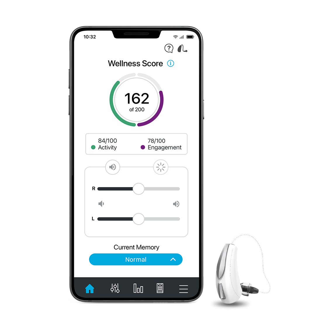 RIC 보청기와 Thrive Hearing Control 앱 화면